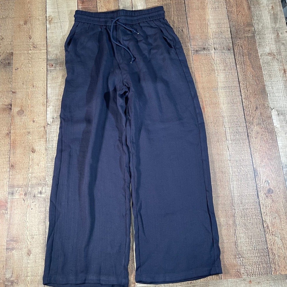 Halara Womens Medium Navy Blue Wide Leg Pants High Waist Drawstring NEW Viscose